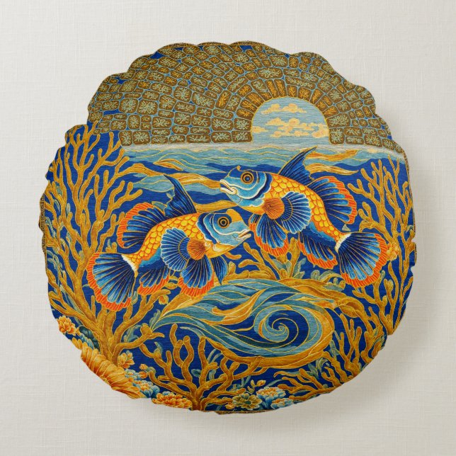 Retro Style Tapestry Orange Mandarin Fish Round Cushion (Front)