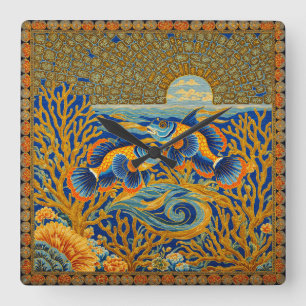 Retro Style Tapestry Orange Mandarin Fish Square Wall Clock