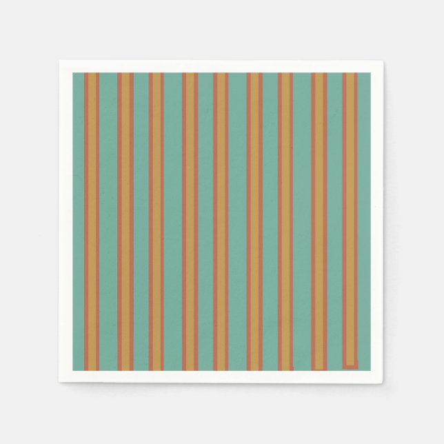 Retro Style Teal Brown Mustard Striped  Napkin (Front)