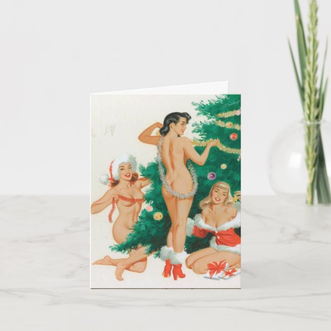 Retro-Style "Trimming the Tree" Holiday Card (Front)