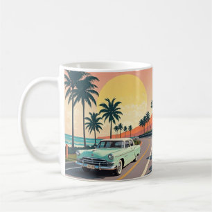 Retro-style vintage car on a coastal road coffee mug