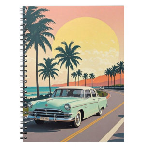 Retro-style vintage car on a coastal road notebook