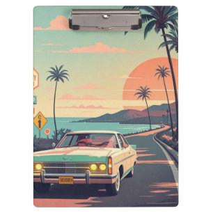 Retro-style vintage car on beach front road clipboard