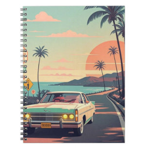 Retro-style vintage car on beach front road notebook