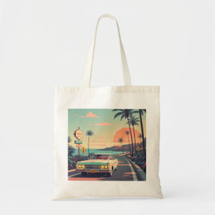 Retro-style vintage car on beach front road tote bag