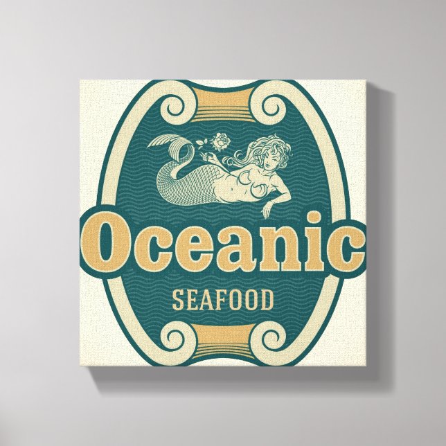 Retro-styled mermaid seafood label canvas print (Front)