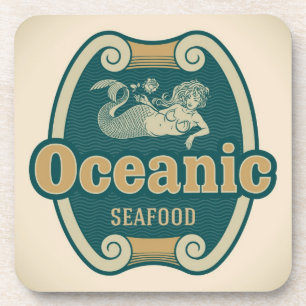 Retro-styled mermaid seafood label coaster