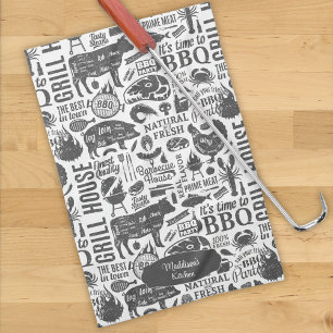 Retro Styled Typographic Barbecue Pattern Tea Towel