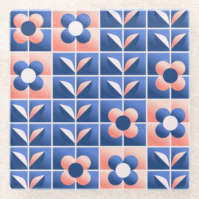 Retro stylised flowers: mosaic pattern. glass coaster (Front)