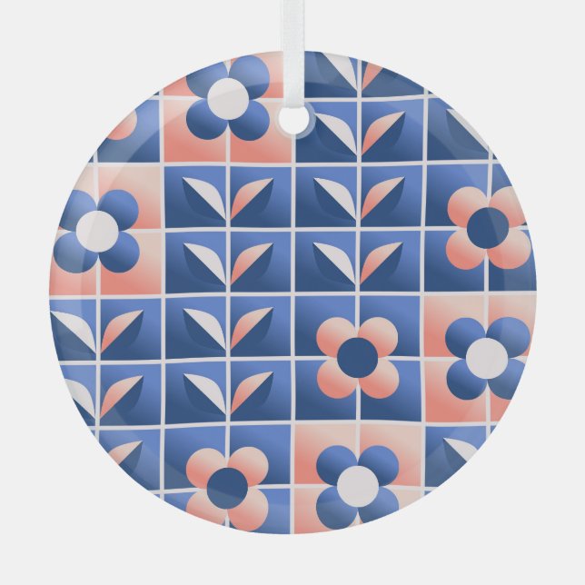 Retro stylised flowers: mosaic pattern. glass tree decoration (Front)