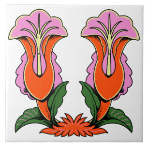 Retro Stylised Lily Flower Botanical Tile