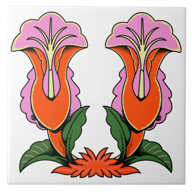 Retro Stylised Lily Flower Botanical Tile (Front)