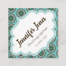 Retro Stylised Teal Flower Square Business Cards