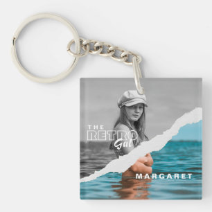 Retro Stylish Black & White Portrait Photo Display Key Ring