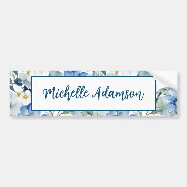 Retro Stylish Elegant Plain Blue White Flowers Bumper Sticker (Front)