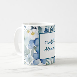 Retro Stylish Elegant Plain Blue White Flowers Coffee Mug