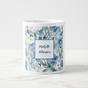 Retro Stylish Elegant Plain Blue White Flowers Large Coffee Mug