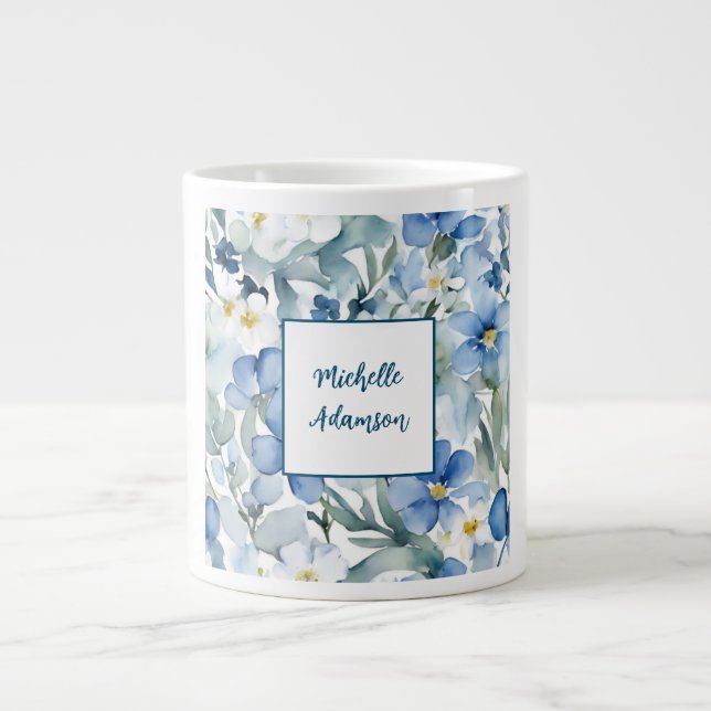 Retro Stylish Elegant Plain Blue White Flowers Large Coffee Mug (Front)