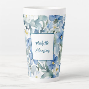 Retro Stylish Elegant Plain Blue White Flowers Latte Mug