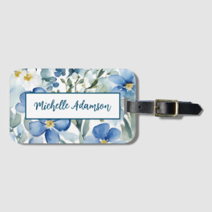 Retro Stylish Elegant Plain Blue White Flowers Luggage Tag