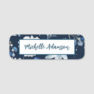 Retro Stylish Elegant Plain Blue White Flowers Name Tag