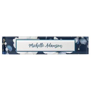 Retro Stylish Elegant Plain Blue White Flowers Nameplate