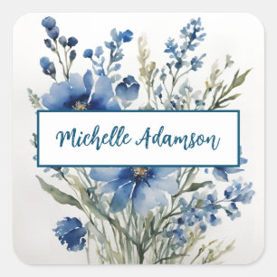 Retro Stylish Elegant Plain Blue White Flowers Square Sticker