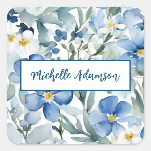 Retro Stylish Elegant Plain Blue White Flowers Square Sticker