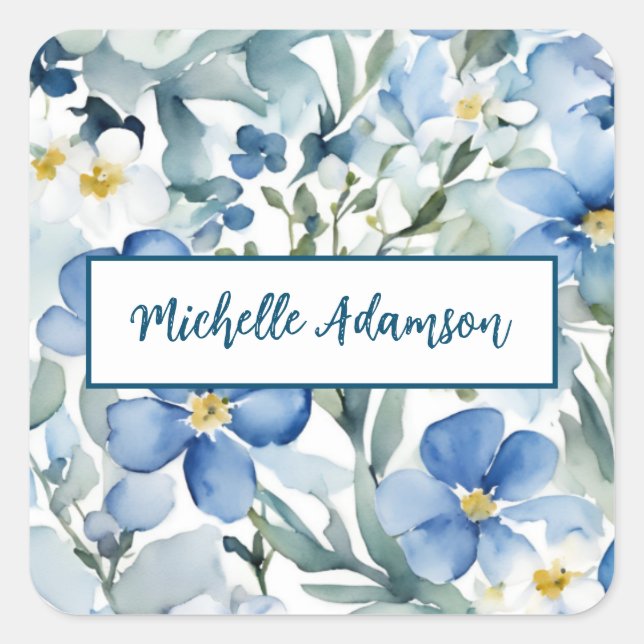 Retro Stylish Elegant Plain Blue White Flowers Square Sticker (Front)