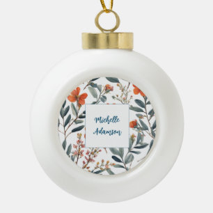 Retro Stylish Elegant Plain Flowers Your Name Ceramic Ball Christmas Ornament