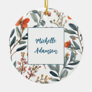 Retro Stylish Elegant Plain Flowers Your Name Ceramic Tree Decoration