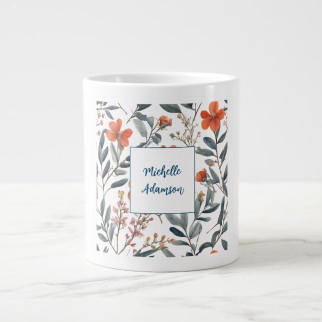Retro Stylish Elegant Plain Flowers Your Name Large Coffee Mug (Front)