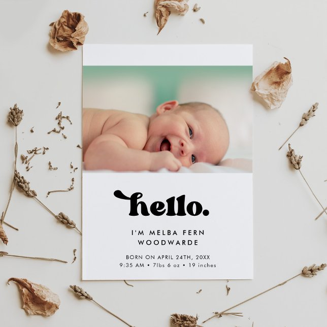 Retro stylish Hello Baby photo Birth Announcement (Creator Uploaded)