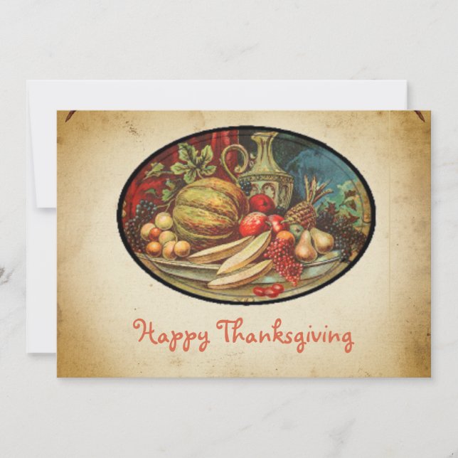 Retro Stylish Pumpkin and Fruit Happy Thanksgiving Holiday Card (Front)