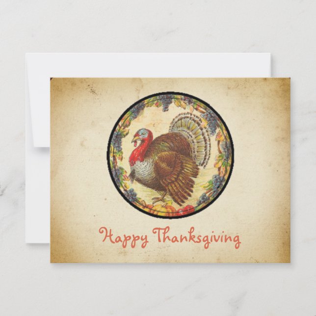 Retro Stylish Turkey and Grapes Happy Thanksgiving Holiday Card (Front)