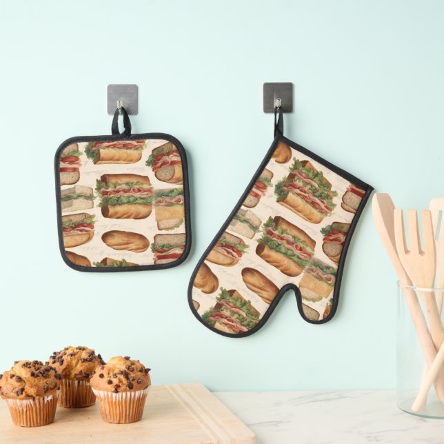 Retro Sub Sandwich Cooking Caterer Catering Chef  Oven Mitt & Pot Holder Set (Insitu(Hanging))