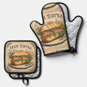 Retro Sub Sandwich Cooking Caterer Catering Chef Oven Mitt & Pot Holder Set