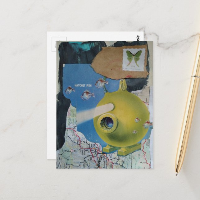 Retro Submarine Fish and Moth Collage Postcard (Front/Back In Situ)