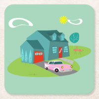 Retro Suburban House Acrylic Hard Paper Coasters