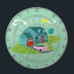 Retro Suburban House Dart Board<br><div class="desc">This Retro Suburban House Dart Board pattern features a typical American home in a typical American neighbourhood, circa 1950. A teal home with a peacock blue roof, and turquoise windows are perfectly offset by a vibrant red front door and garage door. A classic pink, 1950’s finned convertible car is parked...</div>