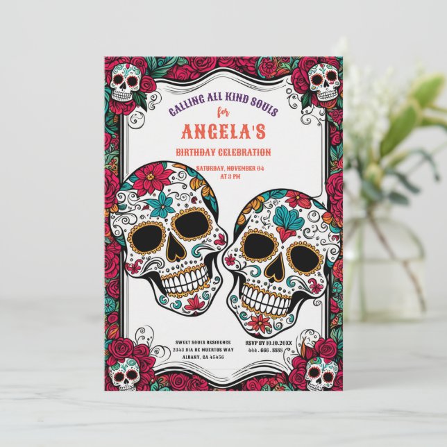 Retro Sugar Skulls Día de Los Muertos Birthday Invitation (Standing Front)