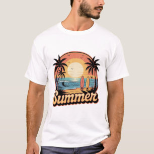 Retro Summer Beach Sunset Art Vintage Surfboard T-Shirt