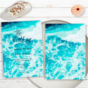 Retro Summer Blue Ocean Foam Beach Wedding Invitation