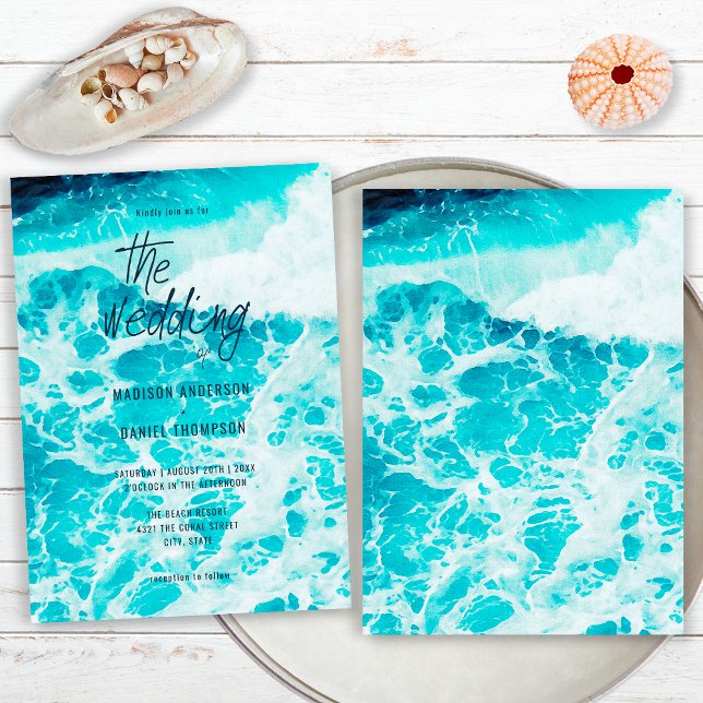 Retro Summer Blue Ocean Foam Beach Wedding Invitation (Creator Uploaded)