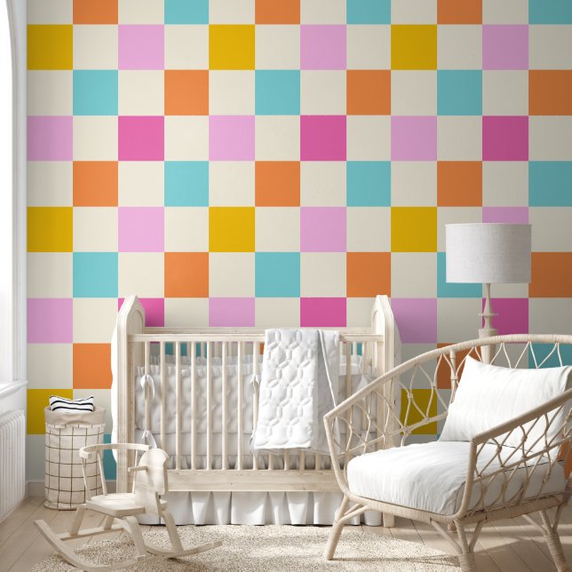 Retro Summer Chequerboard Pattern Multicolored Wallpaper (Kids)