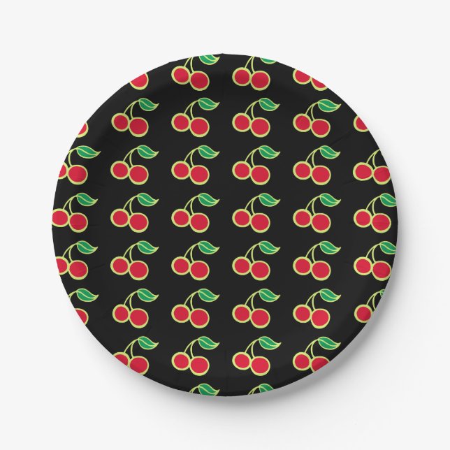 Retro Summer Cherry Party Picnic Paper Plates (Front)