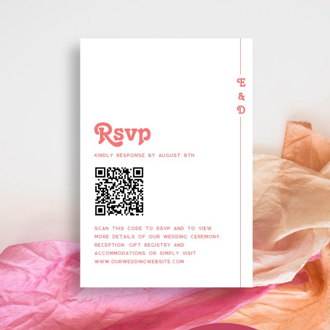 Retro Summer Coral Pink Monogram Wedding QR Code RSVP Card (Creator Uploaded)