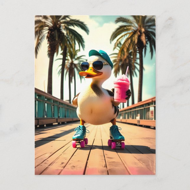 Retro Summer Funny Roller Duck  Holiday Postcard (Front)