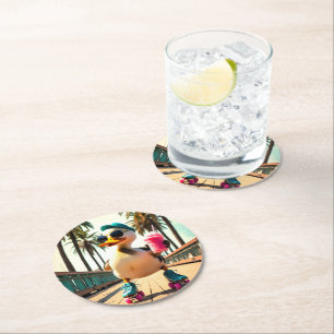 Retro Summer Funny Roller Duck Round Paper Coaster