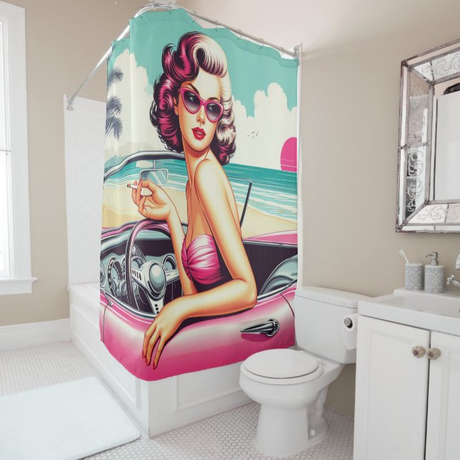 Retro Summer Girl Shower Curtain (In Situ)